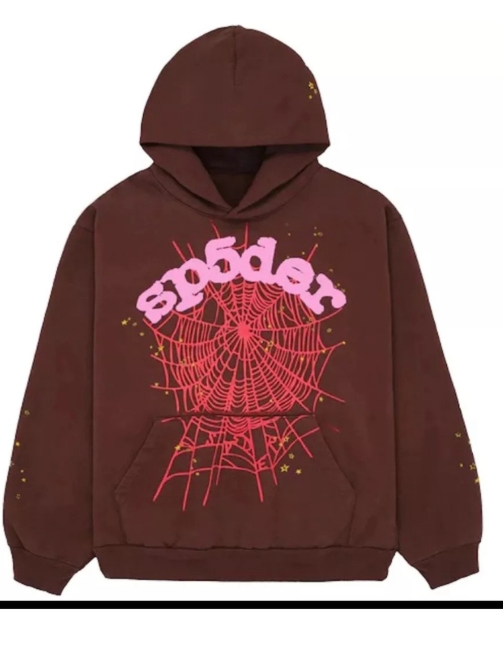 Brown Graphic Hoodie with Pink Web Print